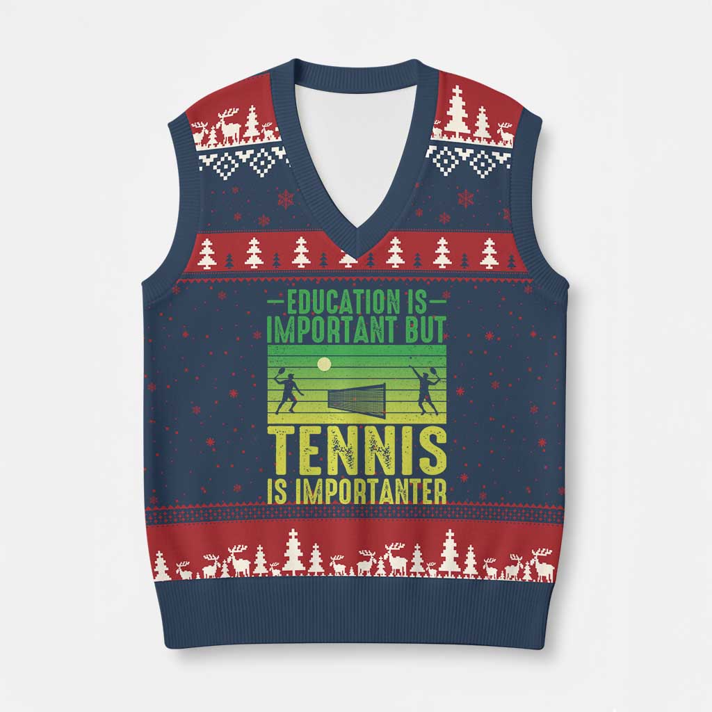 Vintage Retro Tennis Quote V-Neck Knit Sweater Vest Education Is Important But Tennis Is Importanter TS12 Navy Red Print Your Wear