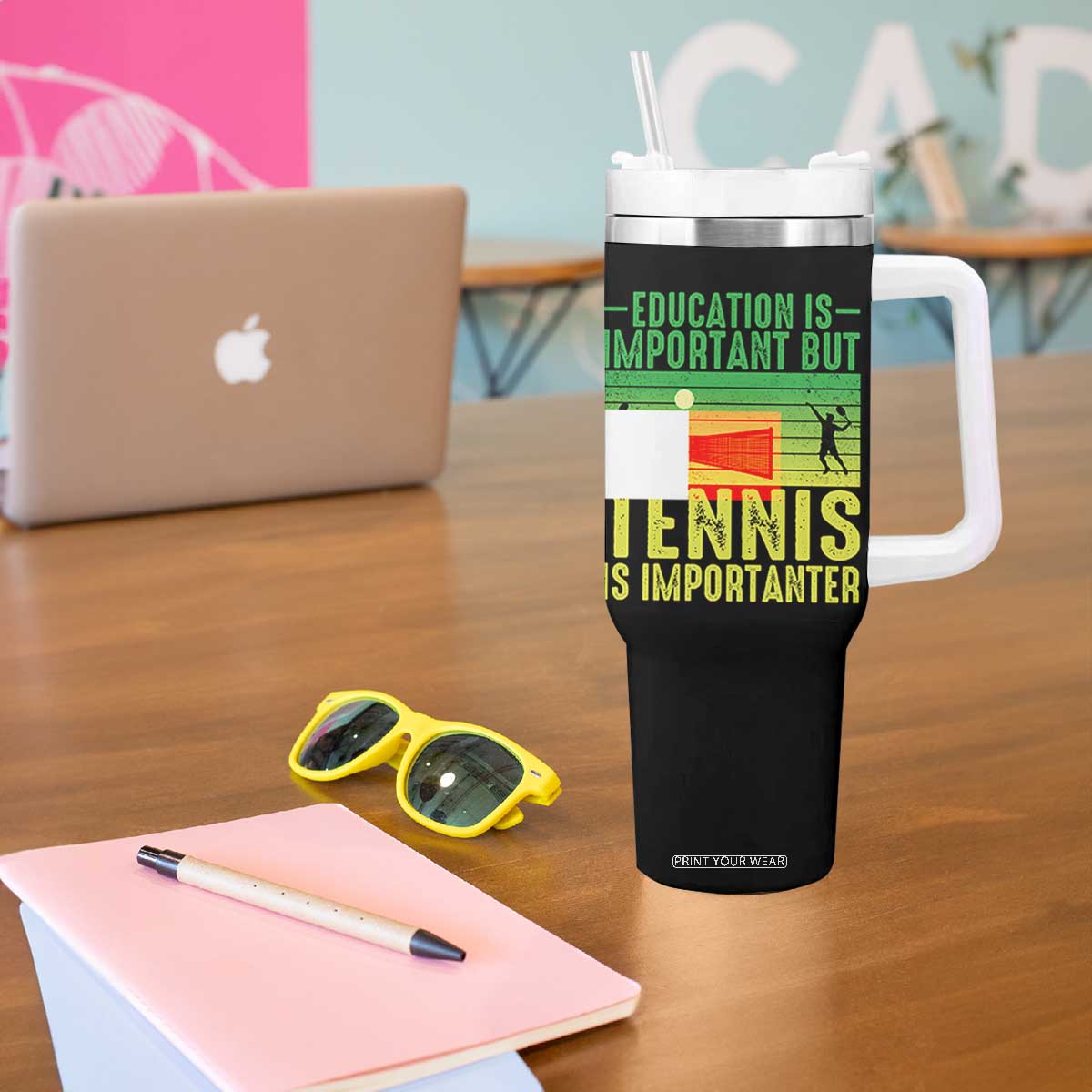 Vintage Retro Tennis Quote Tumbler With Handle Education Is Important But Tennis Is Importanter TS12 Print Your Wear