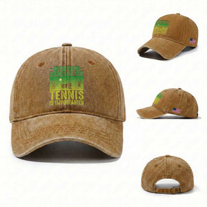Vintage Retro Tennis Quote Washed Cotton Baseball Cap Education Is Important But Tennis Is Importanter TS12 Washed Cap Universal Fit Yellow Ochre Print Your Wear