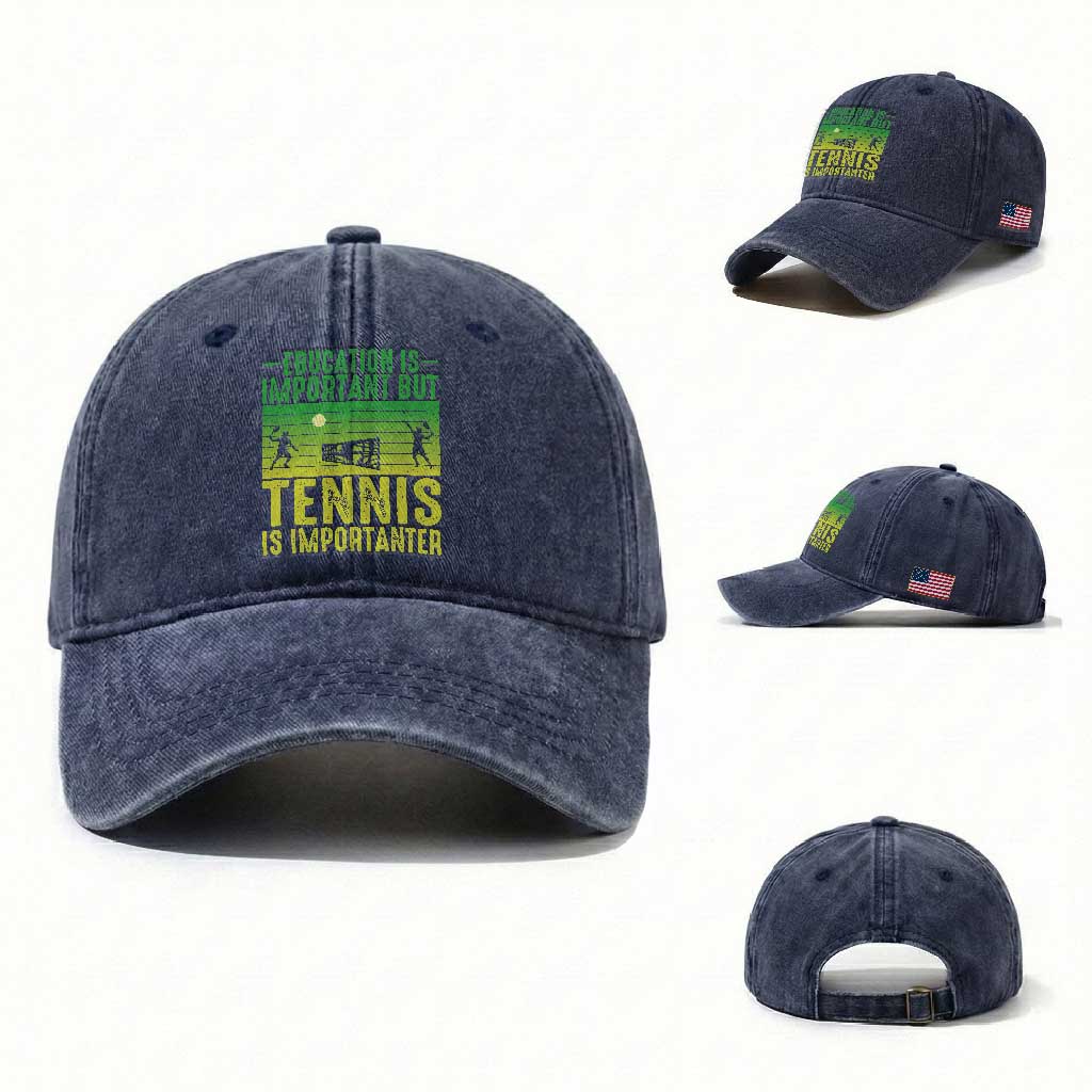 Vintage Retro Tennis Quote Washed Cotton Baseball Cap Education Is Important But Tennis Is Importanter TS12 Washed Cap Universal Fit Navy Print Your Wear