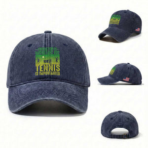 Vintage Retro Tennis Quote Washed Cotton Baseball Cap Education Is Important But Tennis Is Importanter TS12 Washed Cap Universal Fit Navy Print Your Wear