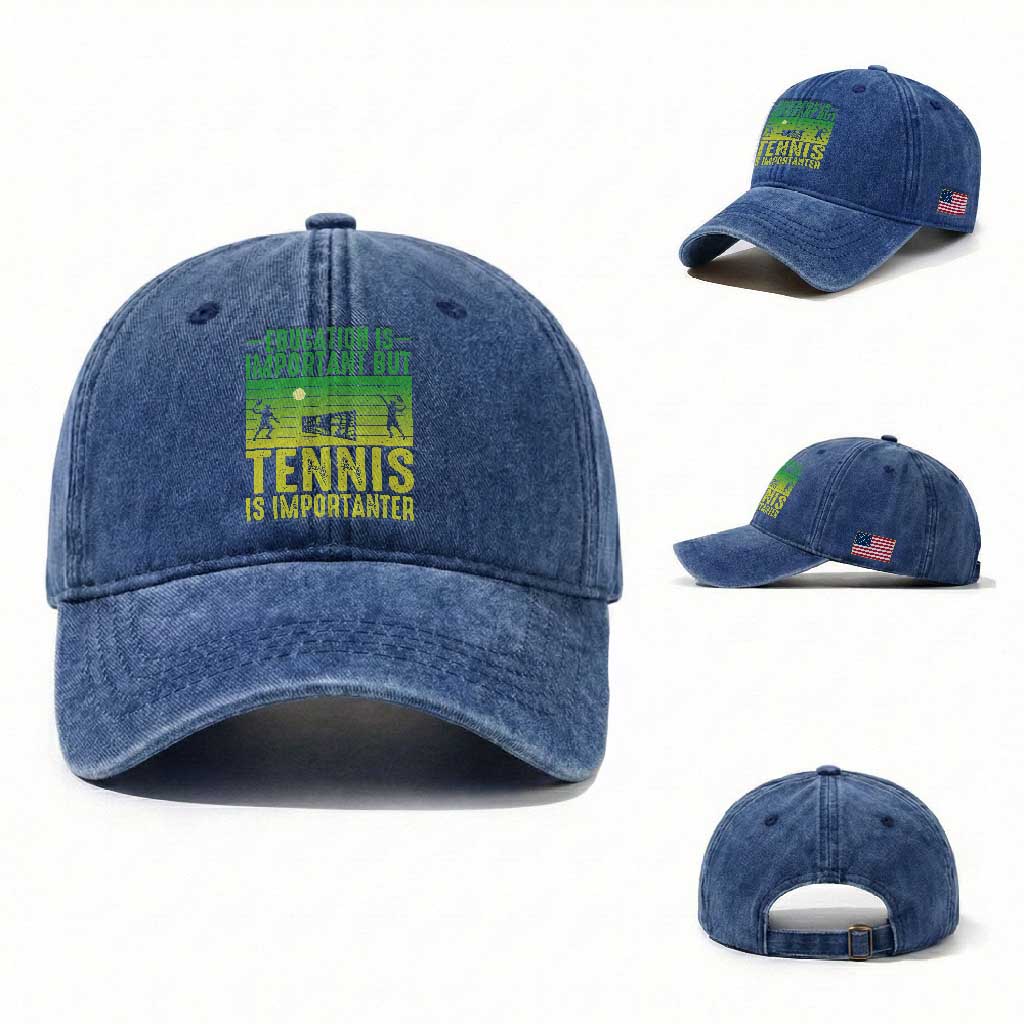 Vintage Retro Tennis Quote Washed Cotton Baseball Cap Education Is Important But Tennis Is Importanter TS12 Washed Cap Universal Fit Royal Blue Print Your Wear