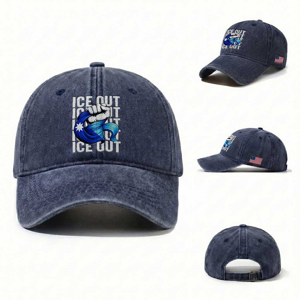 Minnesota Ice Out Washed Cotton Baseball Cap Anti Ice Movement Protest TS12 Washed Cap Universal Fit Navy Print Your Wear