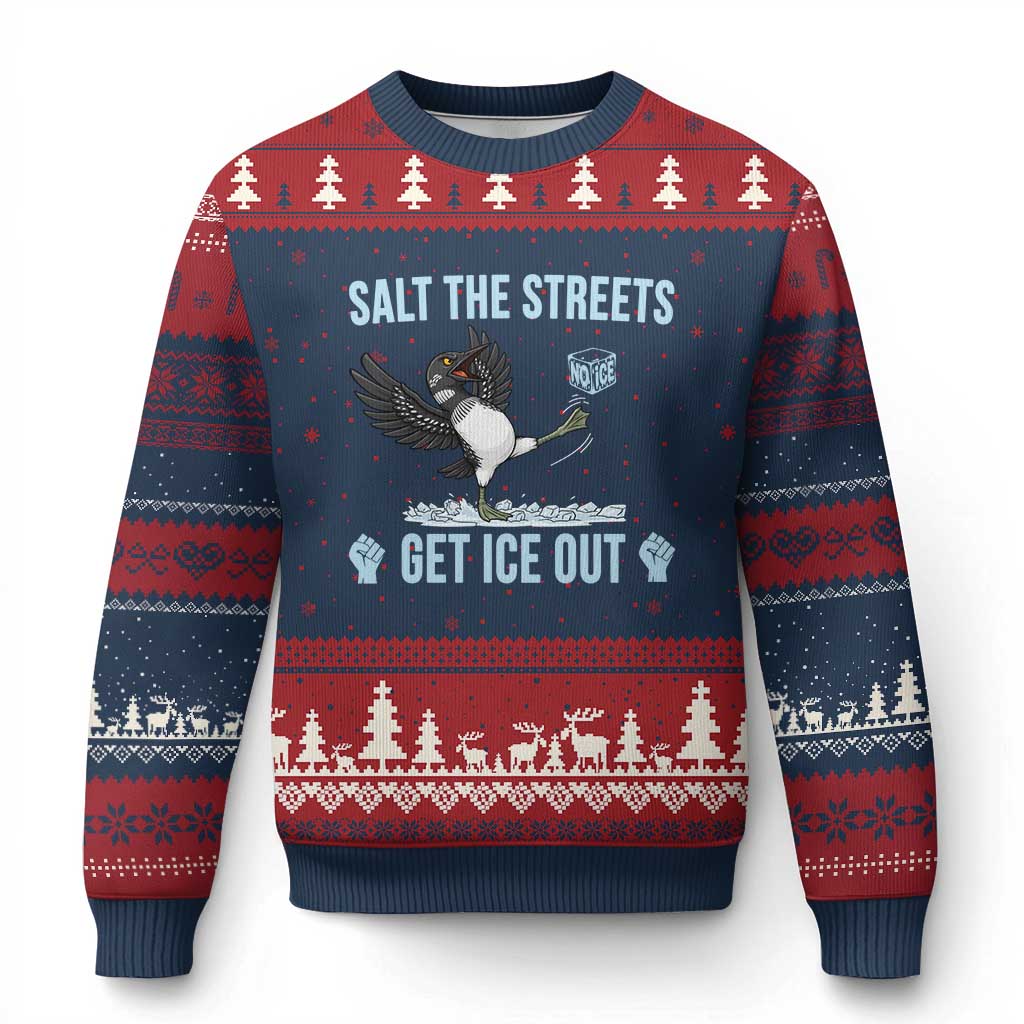 Salt The Streets Get Ice Out Ugly Christmas Sweater Resist Minneapolis Political TS12 Navy Red Print Your Wear