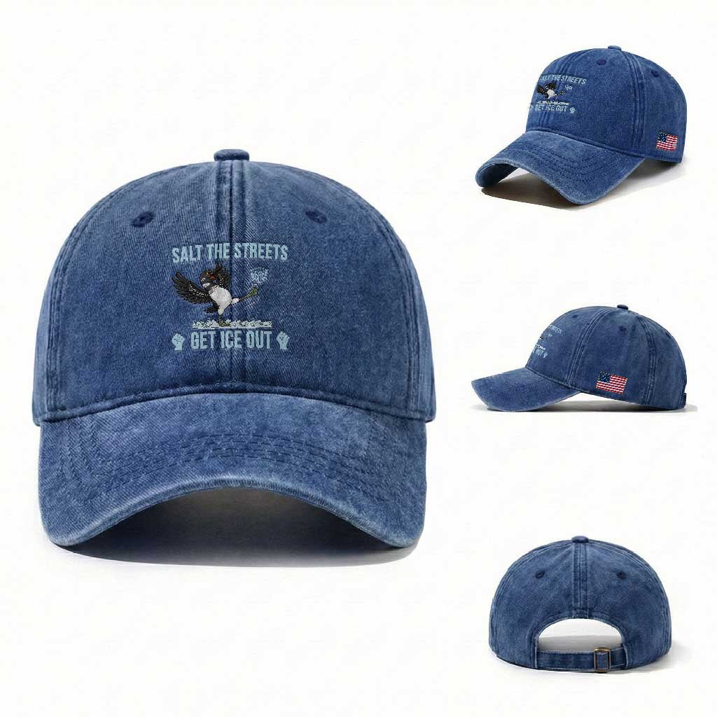 Salt The Streets Get Ice Out Washed Cotton Baseball Cap Resist Minneapolis Political TS12 Washed Cap Universal Fit Royal Blue Print Your Wear