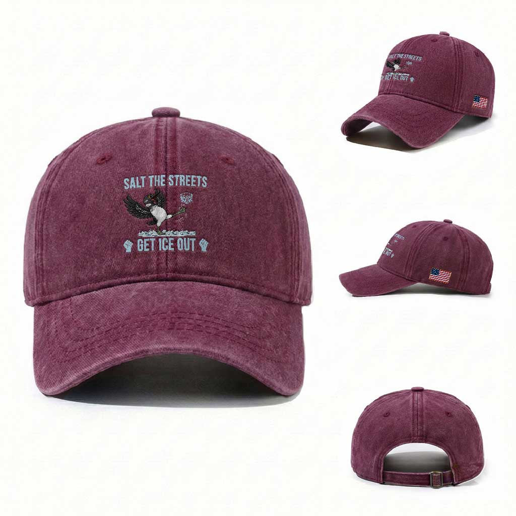 Salt The Streets Get Ice Out Washed Cotton Baseball Cap Resist Minneapolis Political TS12 Washed Cap Universal Fit Burgundy Print Your Wear