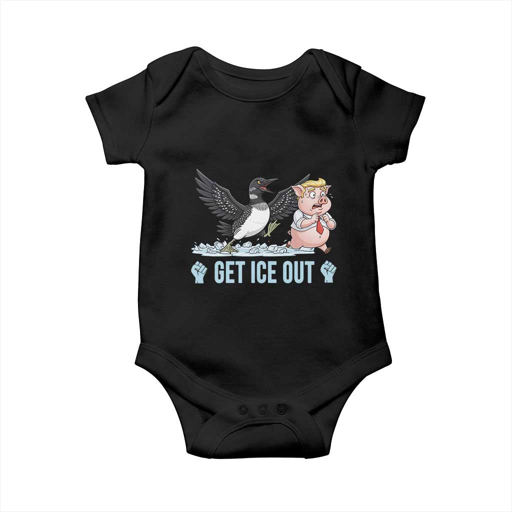 Get Ice Out Baby Onesie Funny Minnesota Loon Chasing Trump Pig TS12 Black Print Your Wear