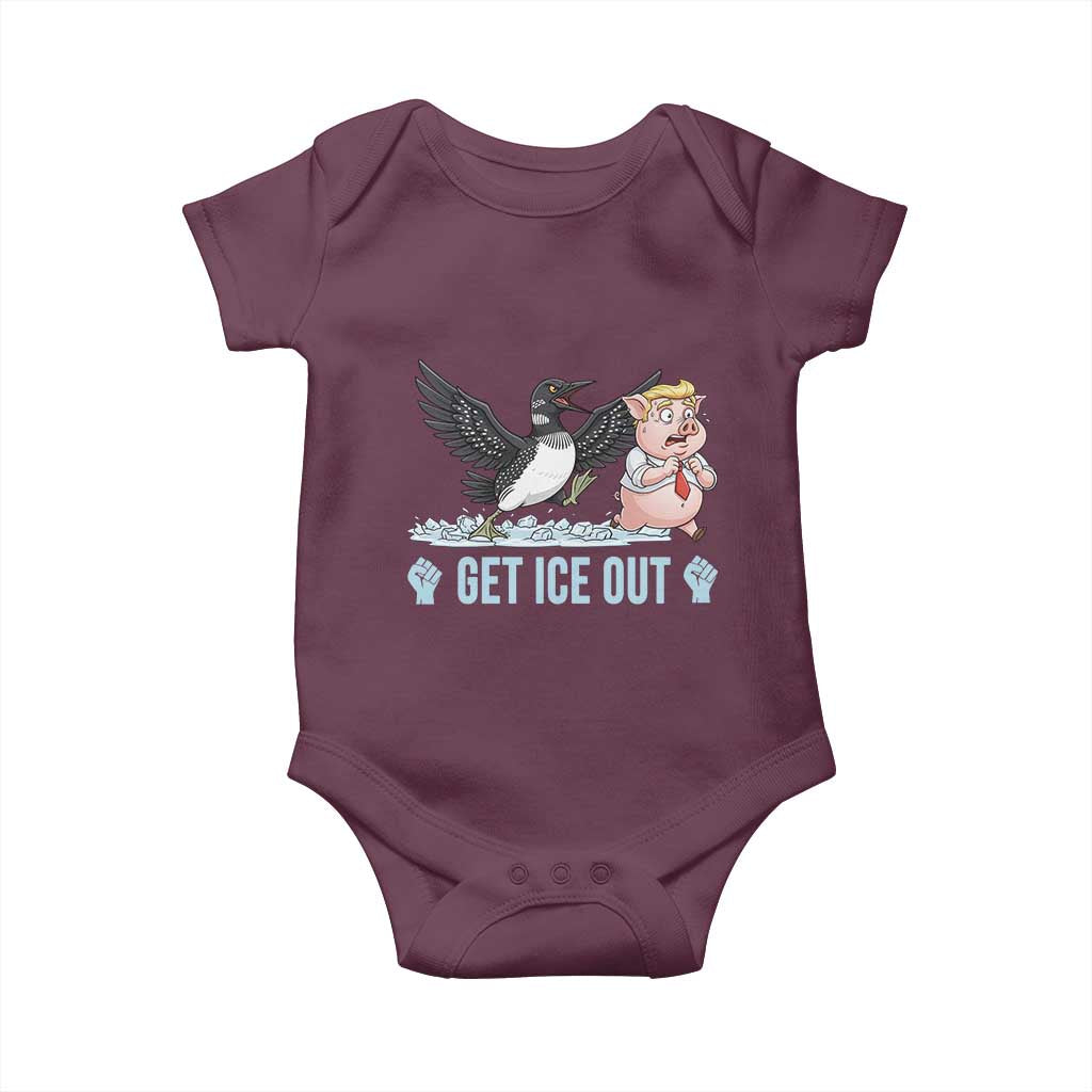 Get Ice Out Baby Onesie Funny Minnesota Loon Chasing Trump Pig TS12 Maroon Print Your Wear