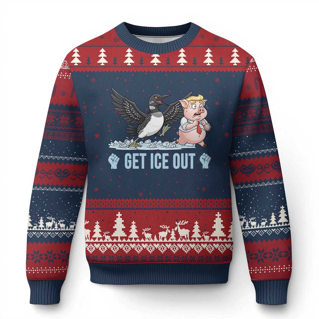 Get Ice Out Ugly Christmas Sweater Funny Minnesota Loon Chasing Trump Pig TS12 Navy Red Print Your Wear