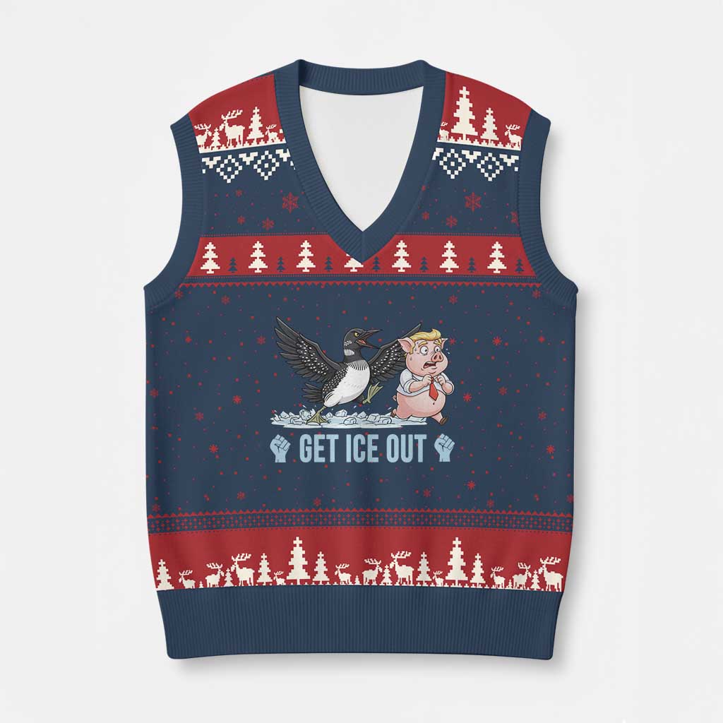Get Ice Out V-Neck Knit Sweater Vest Funny Minnesota Loon Chasing Trump Pig TS12 Navy Red Print Your Wear