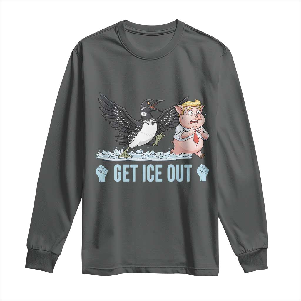 Get Ice Out Long Sleeve Shirt Funny Minnesota Loon Chasing Trump Pig TS12 Dark Heather Print Your Wear
