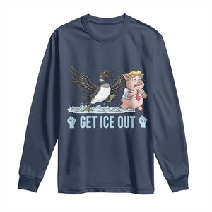 Get Ice Out Long Sleeve Shirt Funny Minnesota Loon Chasing Trump Pig TS12 Navy Print Your Wear
