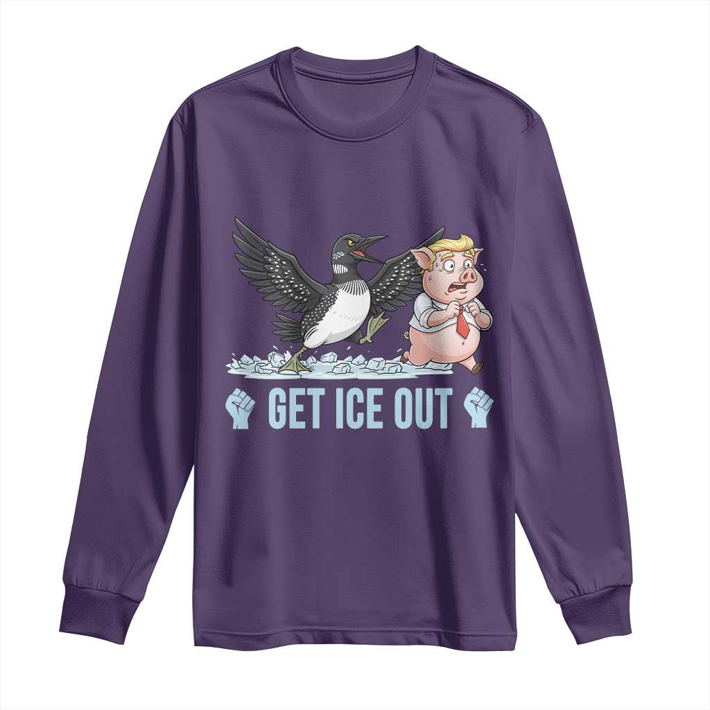 Get Ice Out Long Sleeve Shirt Funny Minnesota Loon Chasing Trump Pig TS12 Purple Print Your Wear