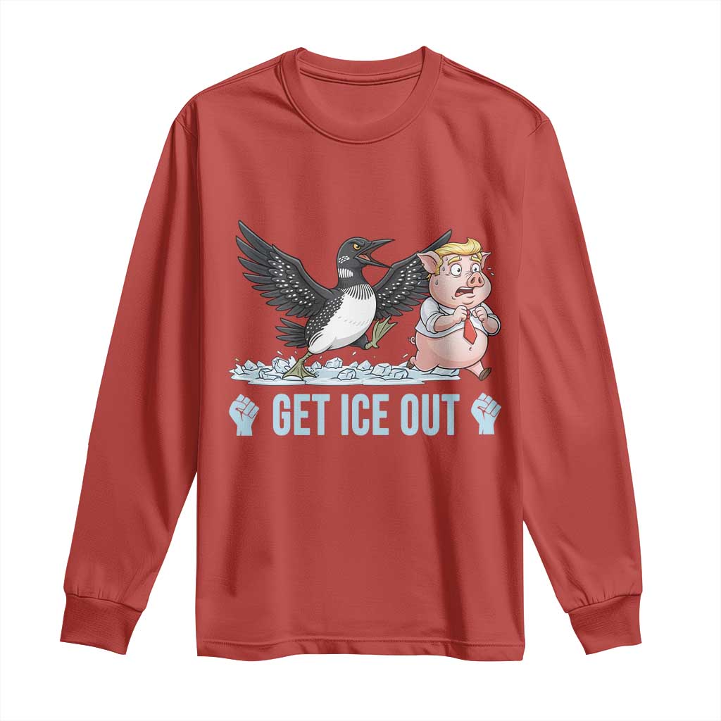 Get Ice Out Long Sleeve Shirt Funny Minnesota Loon Chasing Trump Pig TS12 Red Print Your Wear