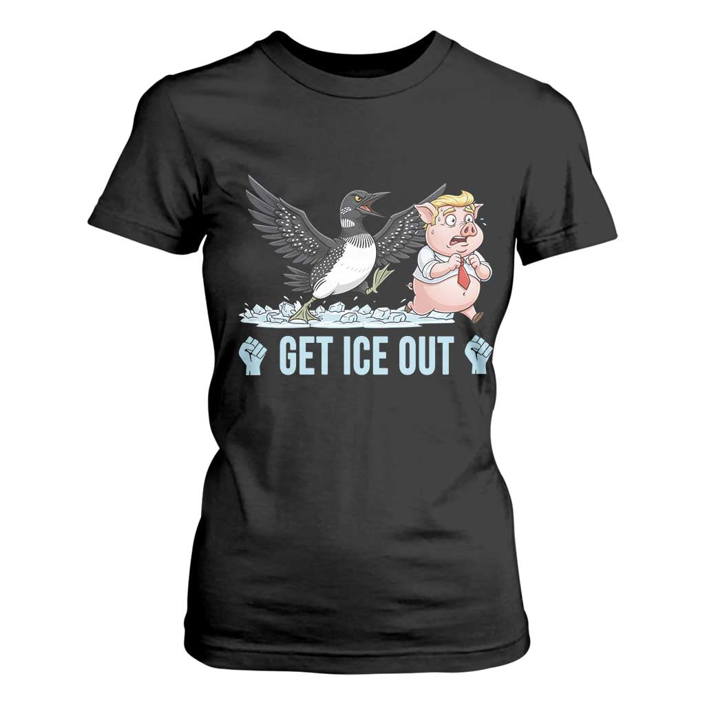 Get Ice Out T Shirt For Women Funny Minnesota Loon Chasing Trump Pig TS12 Black Print Your Wear