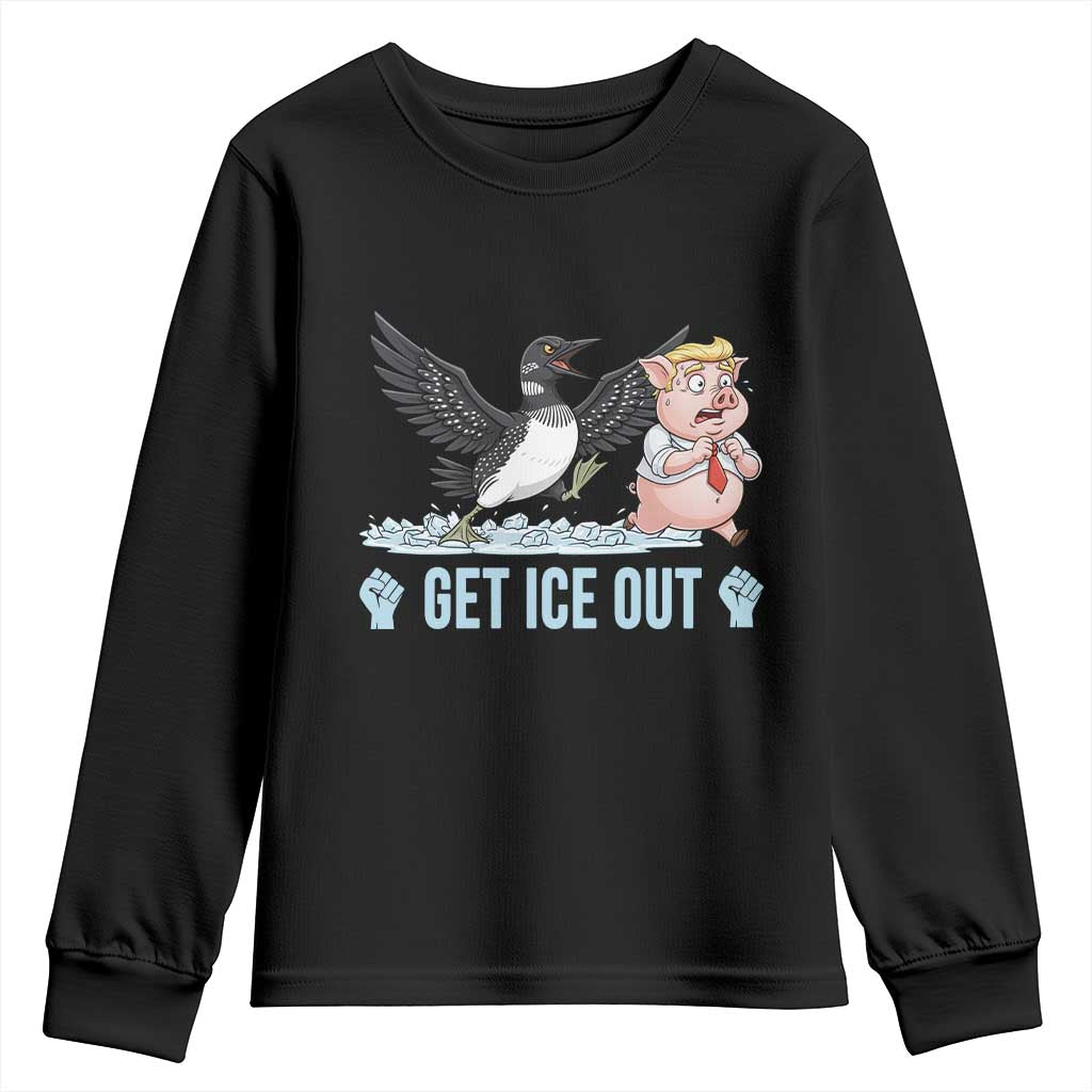 Get Ice Out Youth Sweatshirt Funny Minnesota Loon Chasing Trump Pig TS12 Black Print Your Wear