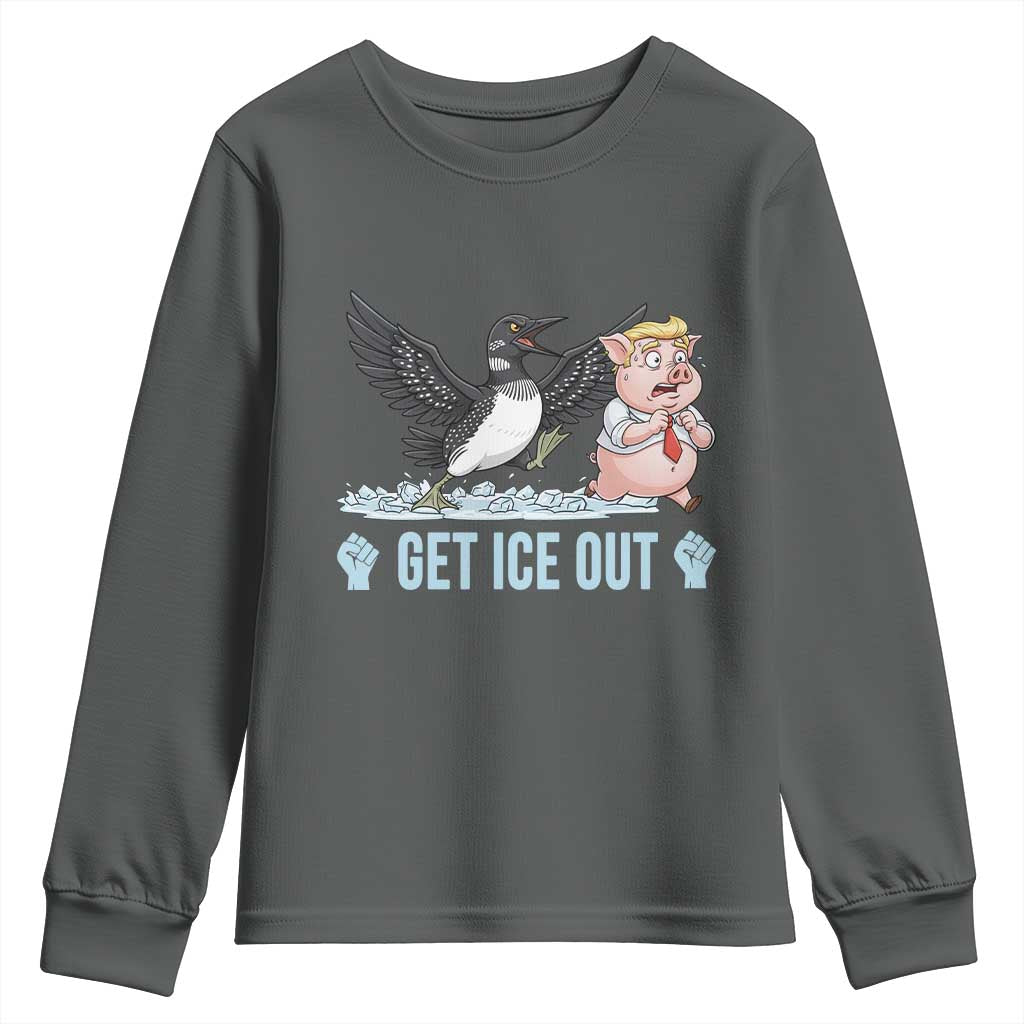 Get Ice Out Youth Sweatshirt Funny Minnesota Loon Chasing Trump Pig TS12 Dark Heather Print Your Wear