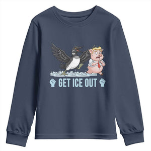 Get Ice Out Youth Sweatshirt Funny Minnesota Loon Chasing Trump Pig TS12 Navy Print Your Wear