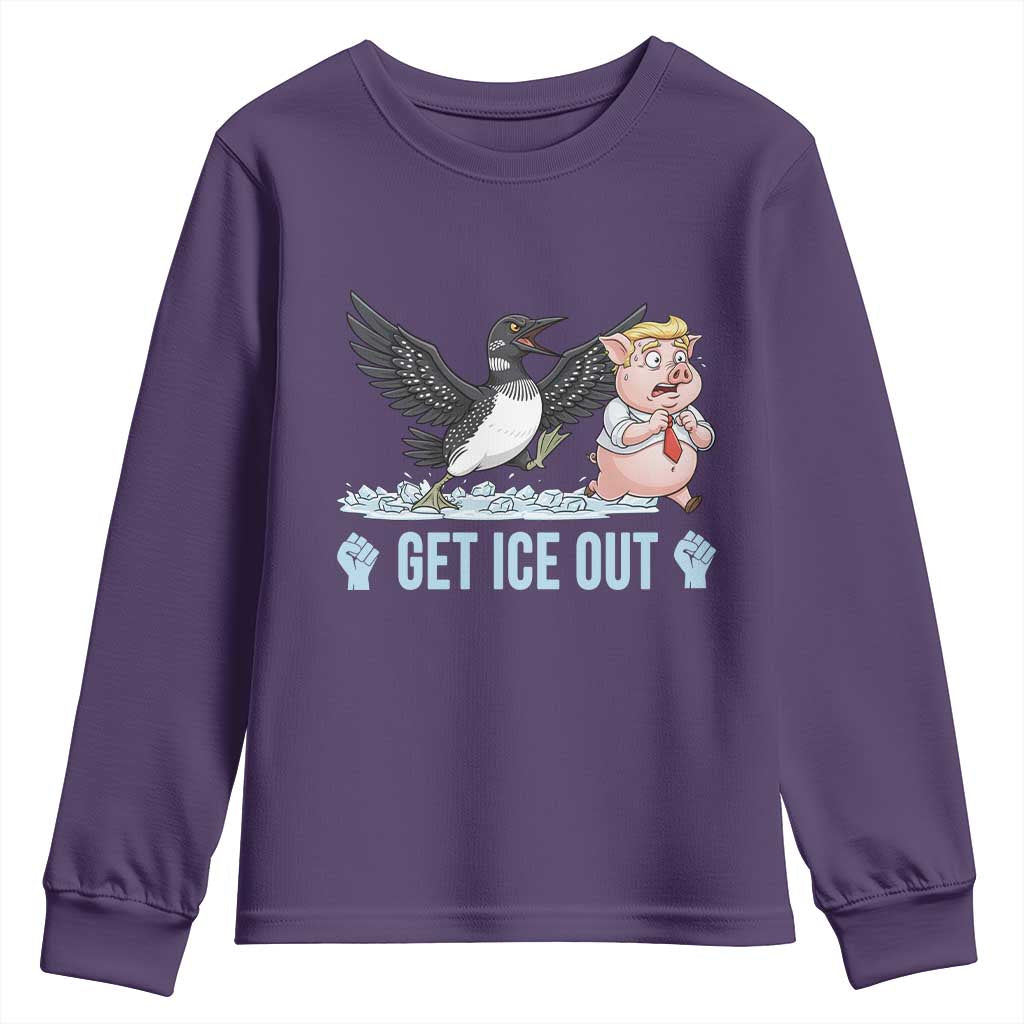 Get Ice Out Youth Sweatshirt Funny Minnesota Loon Chasing Trump Pig TS12 Purple Print Your Wear