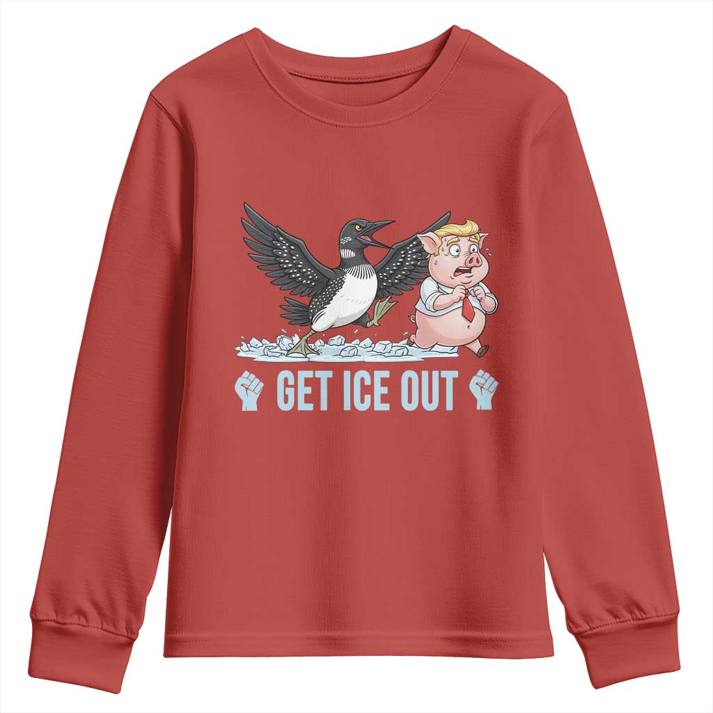 Get Ice Out Youth Sweatshirt Funny Minnesota Loon Chasing Trump Pig TS12 Red Print Your Wear