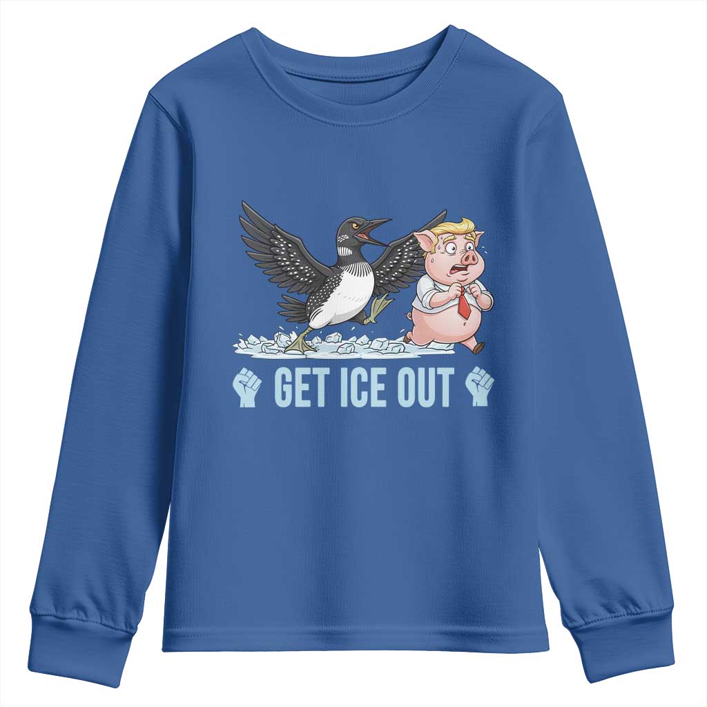 Get Ice Out Youth Sweatshirt Funny Minnesota Loon Chasing Trump Pig TS12 Royal Blue Print Your Wear