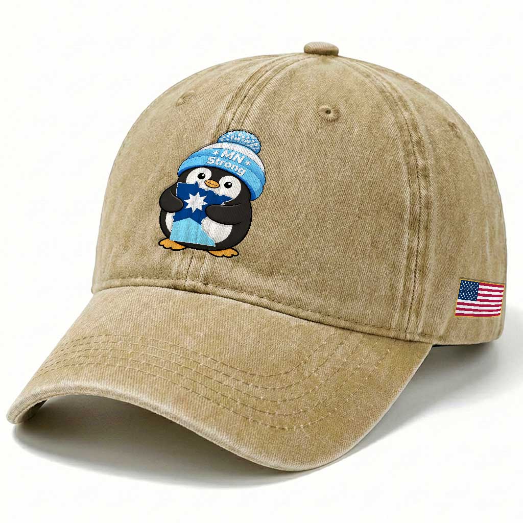 MN Strong Cute Penguin Washed Cotton Baseball Cap Minnesota State Pride Gift TS12 Print Your Wear