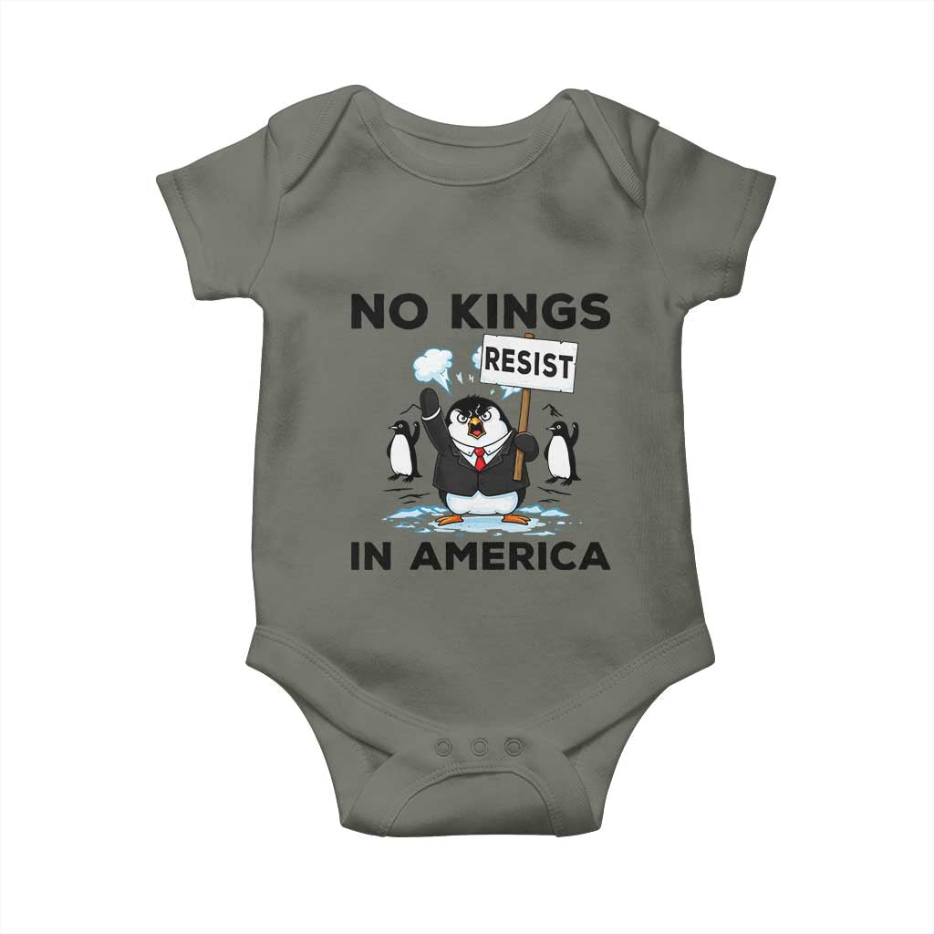 Funny Penguin Protest Baby Onesie No Kings In America TS12 Military Green Print Your Wear