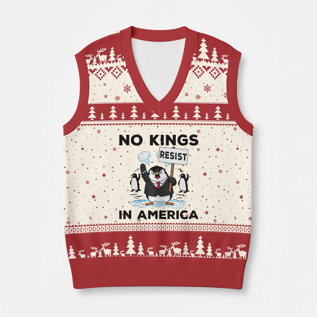 Funny Penguin Protest V-Neck Knit Sweater Vest No Kings In America TS12 Beige Red Print Your Wear
