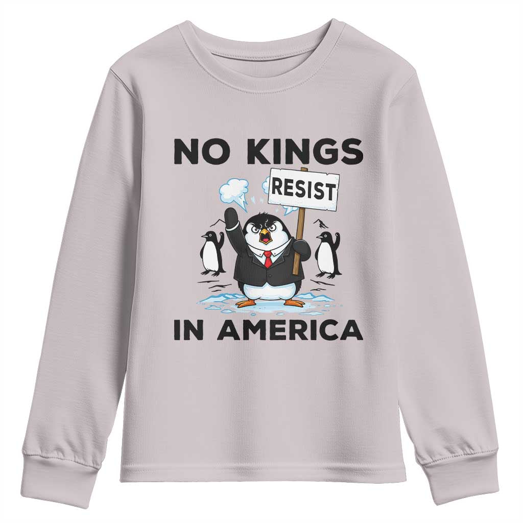 Funny Penguin Protest Youth Sweatshirt No Kings In America TS12 Ice Gray Print Your Wear