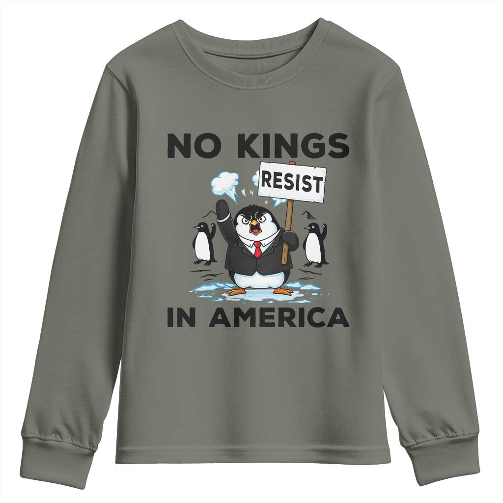 Funny Penguin Protest Youth Sweatshirt No Kings In America TS12 Military Green Print Your Wear