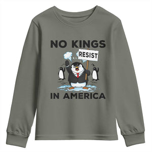 Funny Penguin Protest Youth Sweatshirt No Kings In America TS12 Military Green Print Your Wear