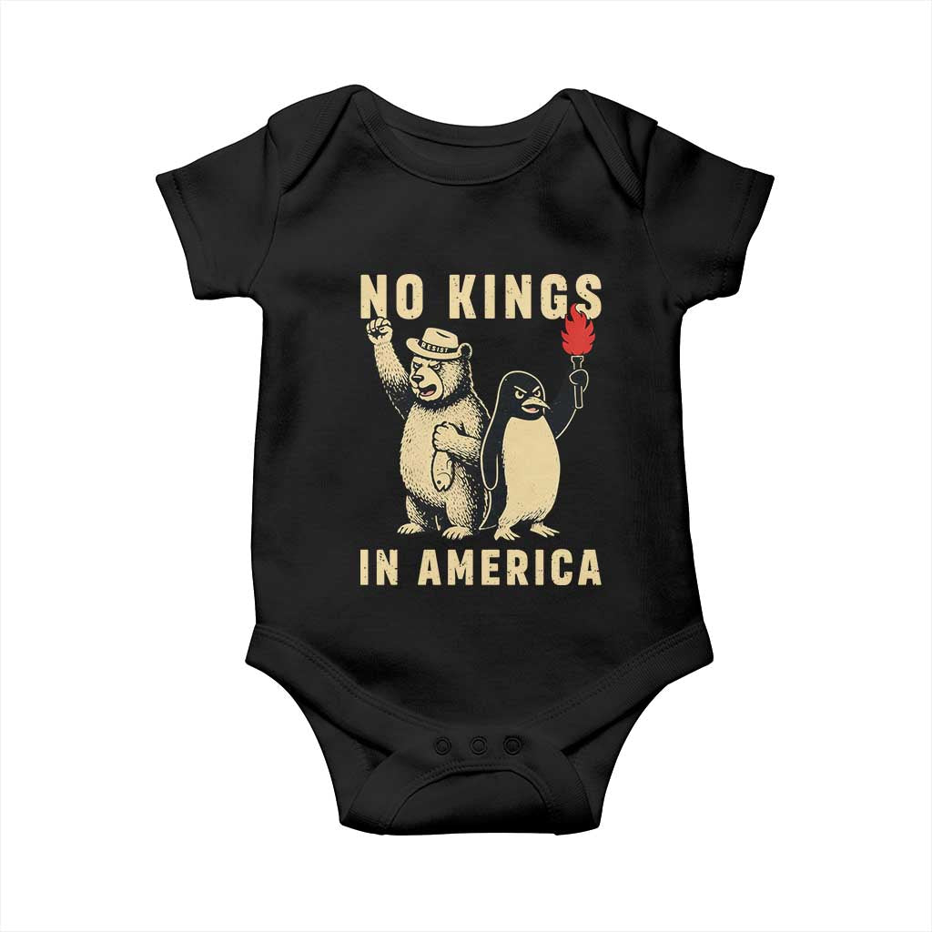 Funny Bear And Penguin Protest Baby Onesie No Kings In America TS12 Black Print Your Wear