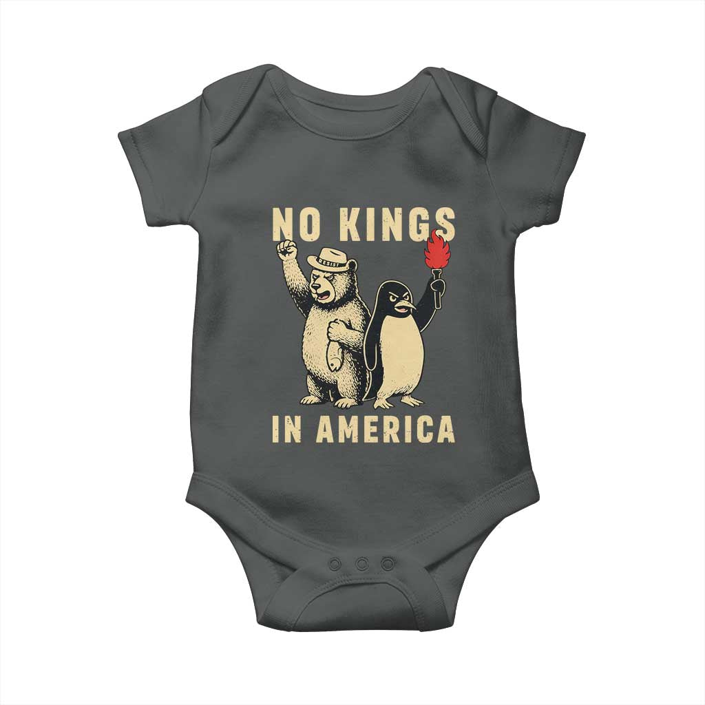 Funny Bear And Penguin Protest Baby Onesie No Kings In America TS12 Dark Heather Print Your Wear