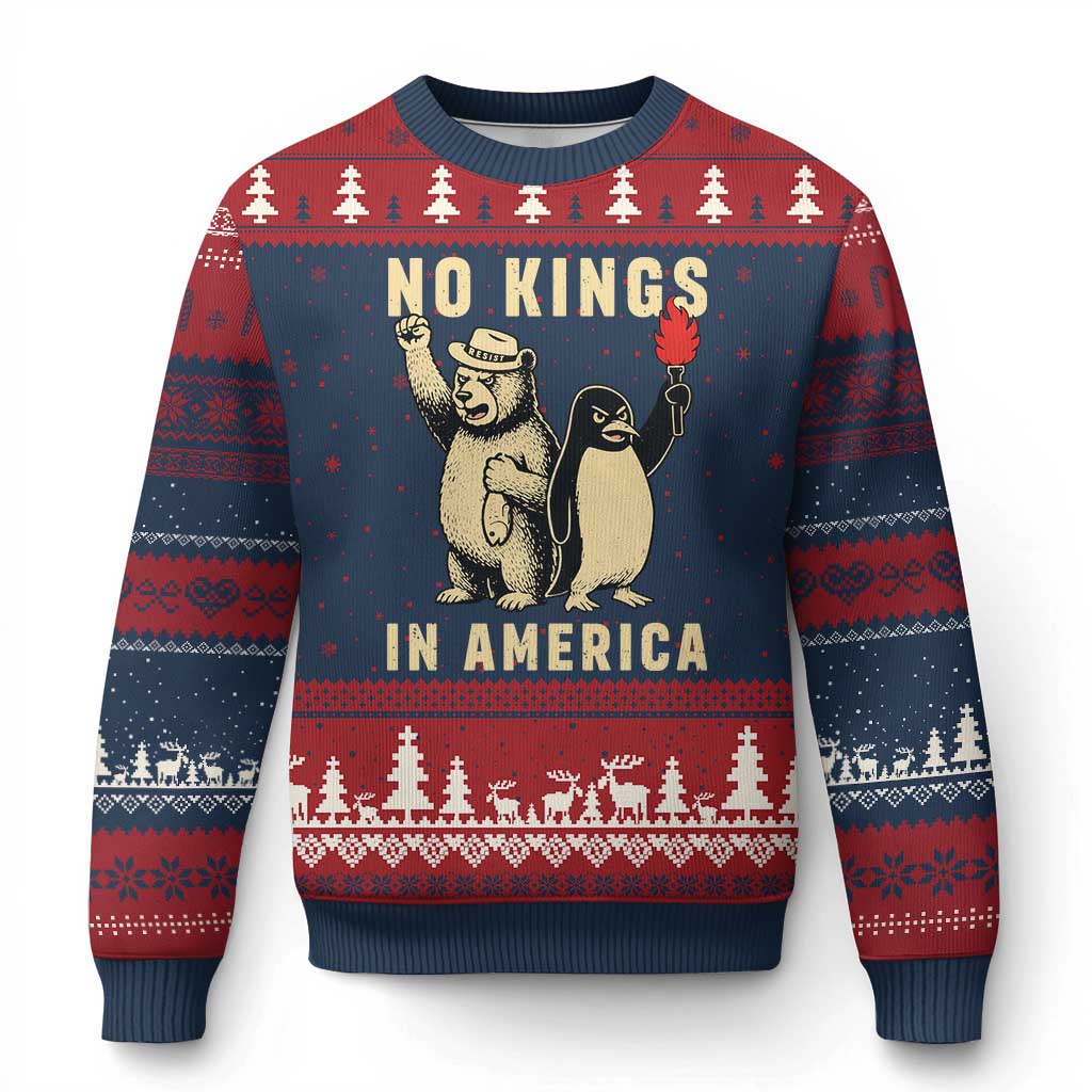 Funny Bear And Penguin Protest Ugly Christmas Sweater No Kings In America TS12 Navy Red Print Your Wear