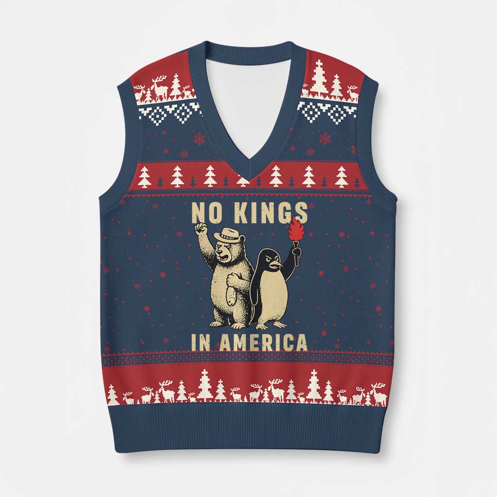 Funny Bear And Penguin Protest V-Neck Knit Sweater Vest No Kings In America TS12 Navy Red Print Your Wear