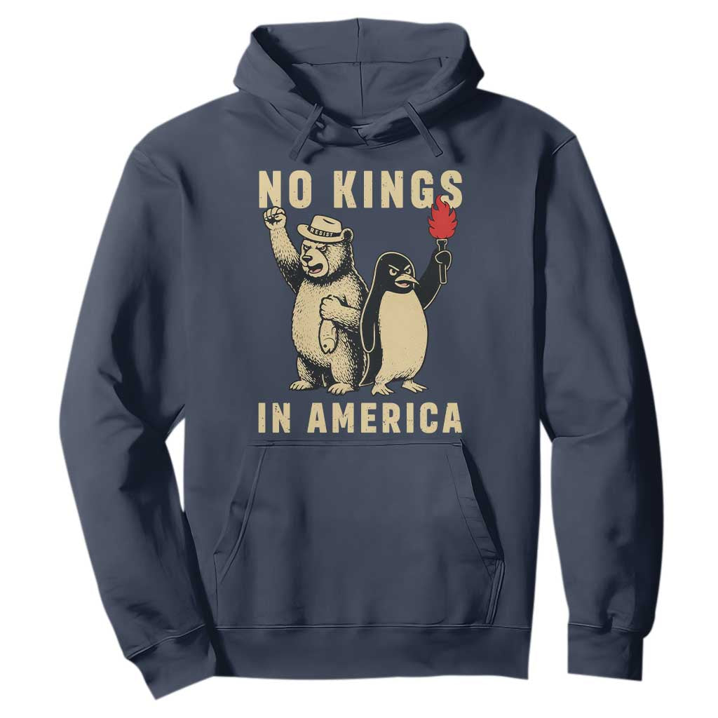 Funny Bear And Penguin Protest Hoodie No Kings In America TS12 Navy Print Your Wear