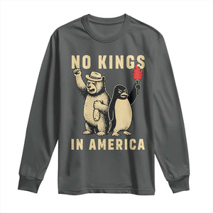 Funny Bear And Penguin Protest Long Sleeve Shirt No Kings In America TS12 Dark Heather Print Your Wear