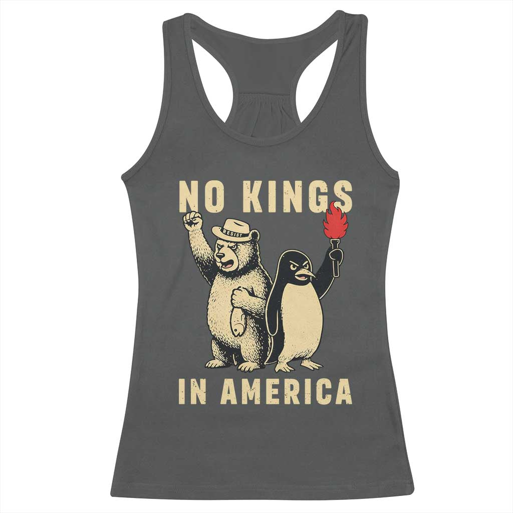 Funny Bear And Penguin Protest Racerback Tank Top No Kings In America TS12 Dark Heather Print Your Wear