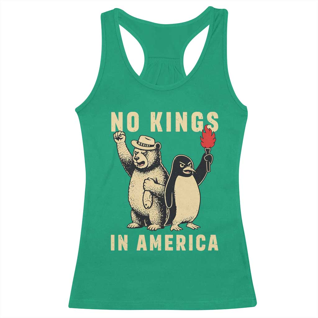 Funny Bear And Penguin Protest Racerback Tank Top No Kings In America TS12 Irish Green Print Your Wear