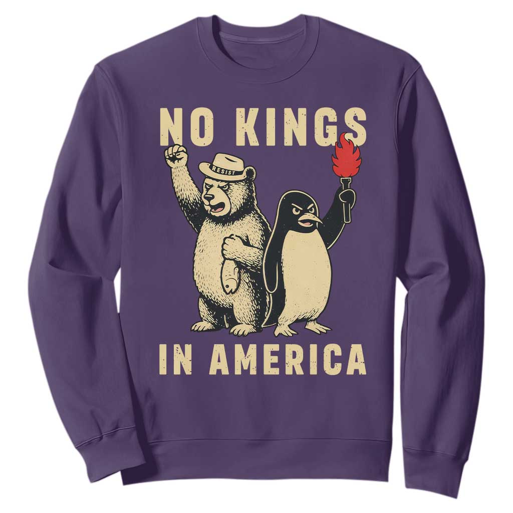 Funny Bear And Penguin Protest Sweatshirt No Kings In America TS12 Purple Print Your Wear