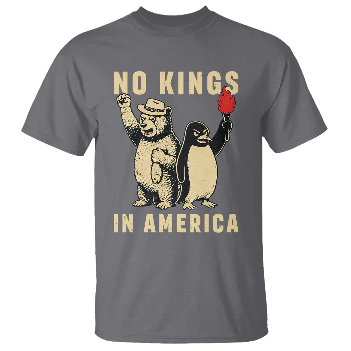 Funny Bear And Penguin Protest T Shirt No Kings In America TS12 Charcoal Print Your Wear