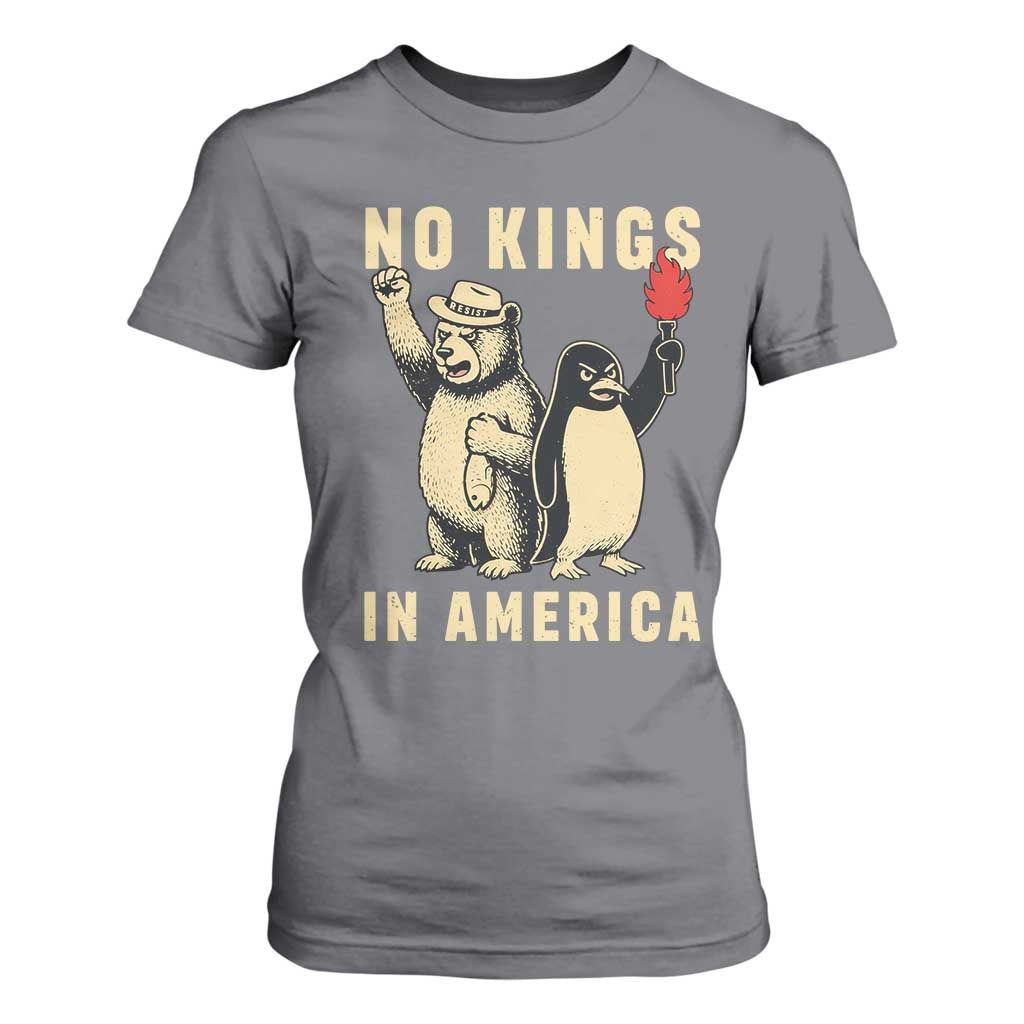 Funny Bear And Penguin Protest T Shirt For Women No Kings In America TS12 Charcoal Print Your Wear