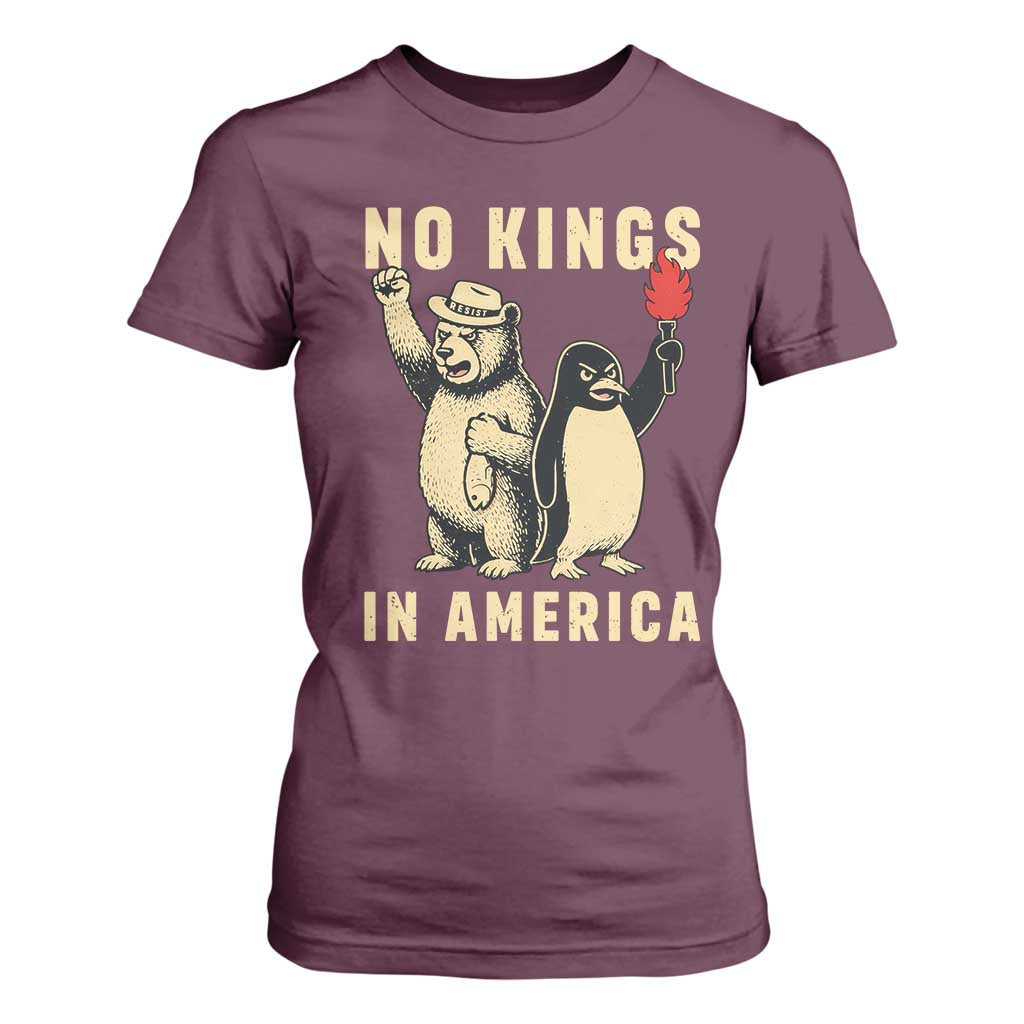 Funny Bear And Penguin Protest T Shirt For Women No Kings In America TS12 Maroon Print Your Wear