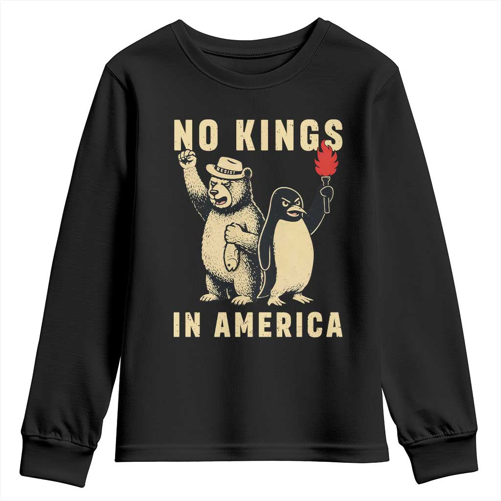 Funny Bear And Penguin Protest Youth Sweatshirt No Kings In America TS12 Black Print Your Wear