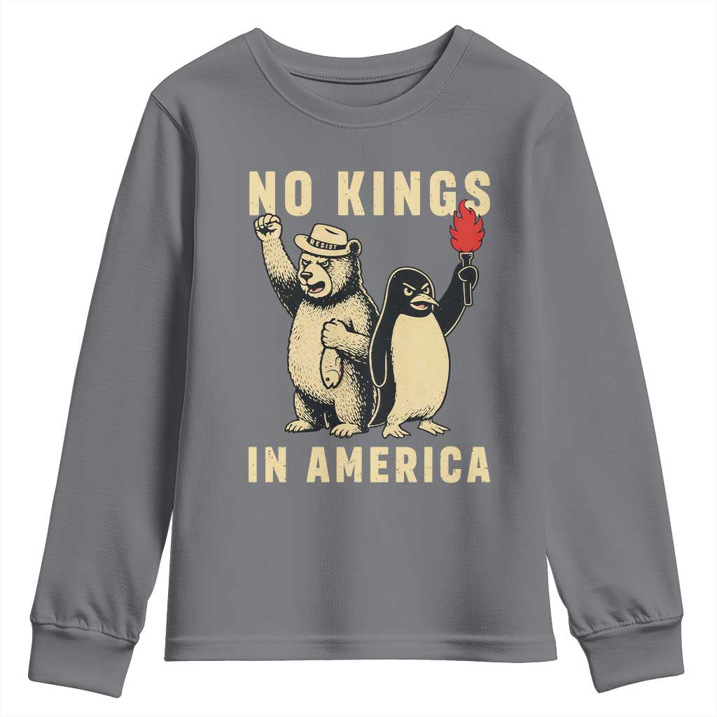 Funny Bear And Penguin Protest Youth Sweatshirt No Kings In America TS12 Charcoal Print Your Wear