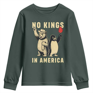 Funny Bear And Penguin Protest Youth Sweatshirt No Kings In America TS12 Dark Forest Green Print Your Wear