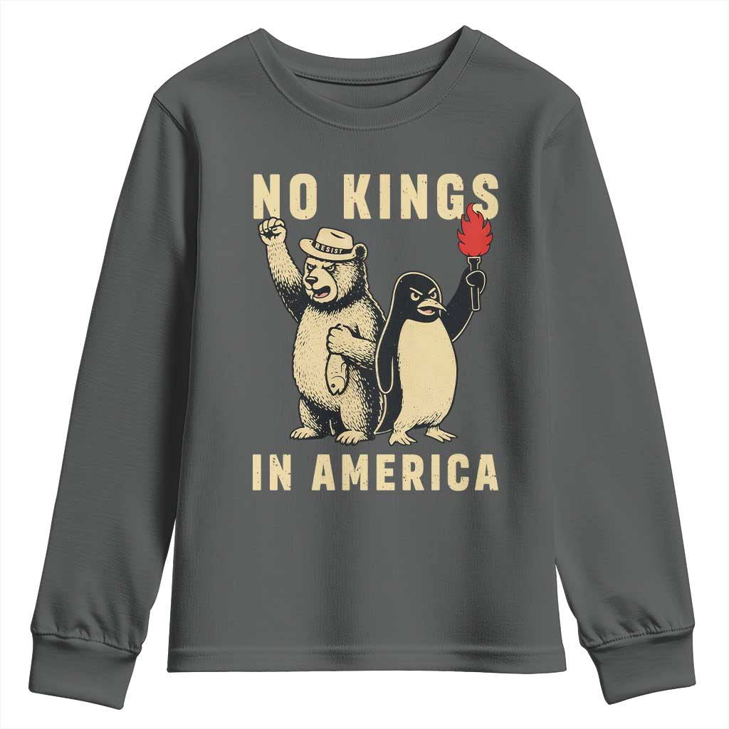 Funny Bear And Penguin Protest Youth Sweatshirt No Kings In America TS12 Dark Heather Print Your Wear