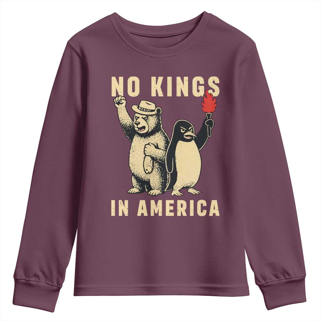 Funny Bear And Penguin Protest Youth Sweatshirt No Kings In America TS12 Maroon Print Your Wear