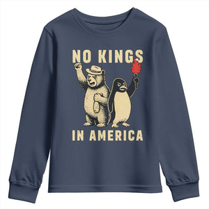 Funny Bear And Penguin Protest Youth Sweatshirt No Kings In America TS12 Navy Print Your Wear