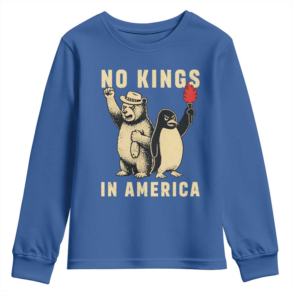 Funny Bear And Penguin Protest Youth Sweatshirt No Kings In America TS12 Royal Blue Print Your Wear